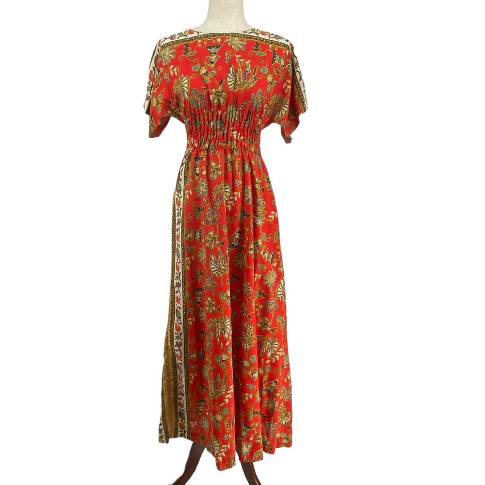 Vintage 60s 70s Keyloun Smocked Waist Maxi‎ Dress S Orange Bohemian Union Made